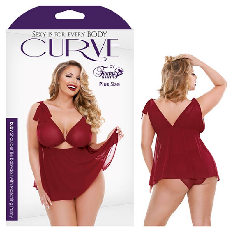 Fantasy Lingerie Curve Ruby Shoulder Tie Babydoll with Matching Panty 1X/2X